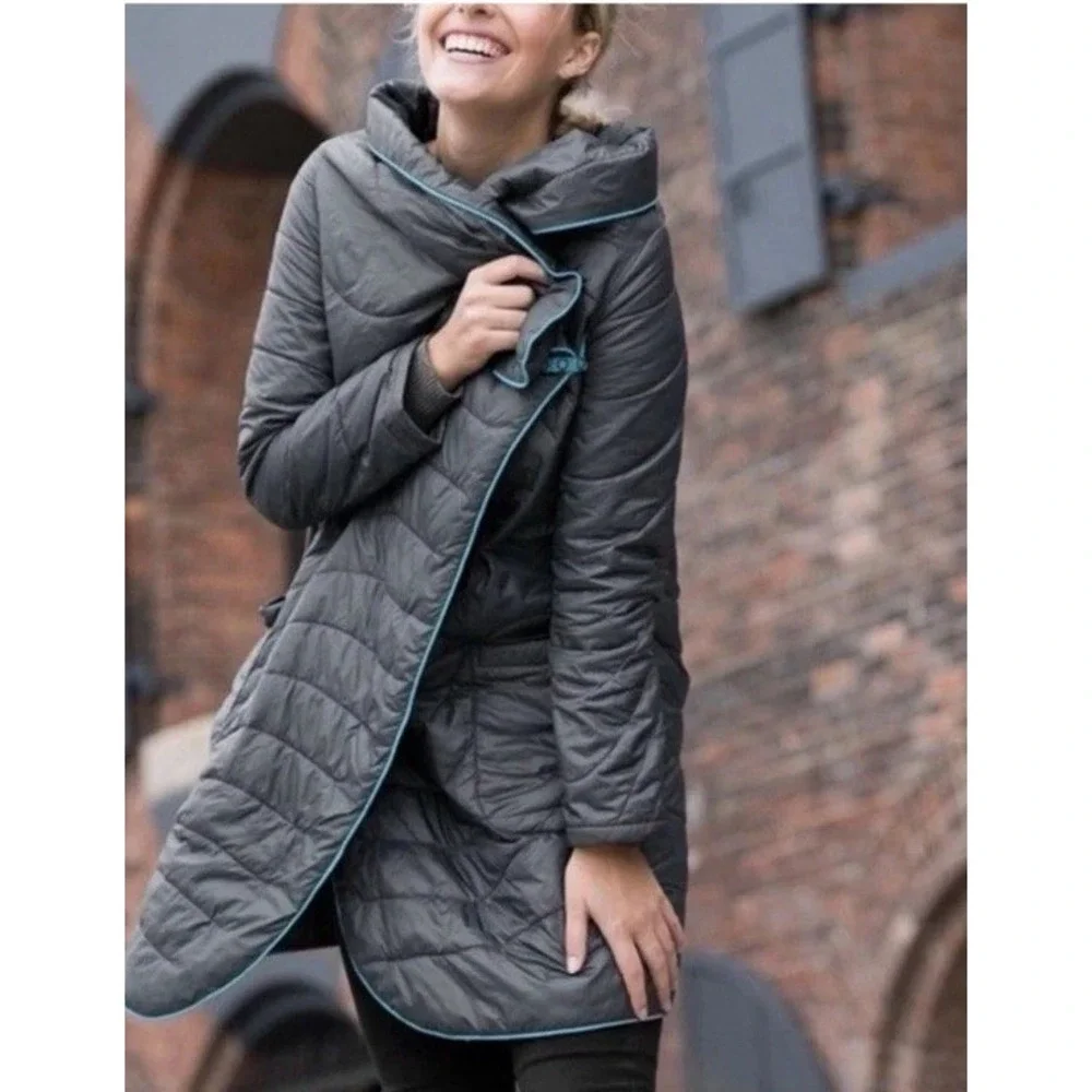 Betabrand Rumpl Quilted Wrap Jacket Gray‎ Puffer Blanket Coat Women S/M